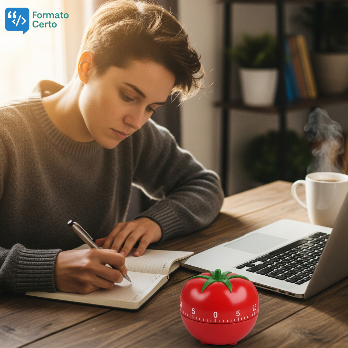 Mulher jovem e concentrada escrevendo em um caderno sobre uma mesa de madeira com um laptop, uma xícara fumegante e um timer de cozinha em formato de tomate ao lado.